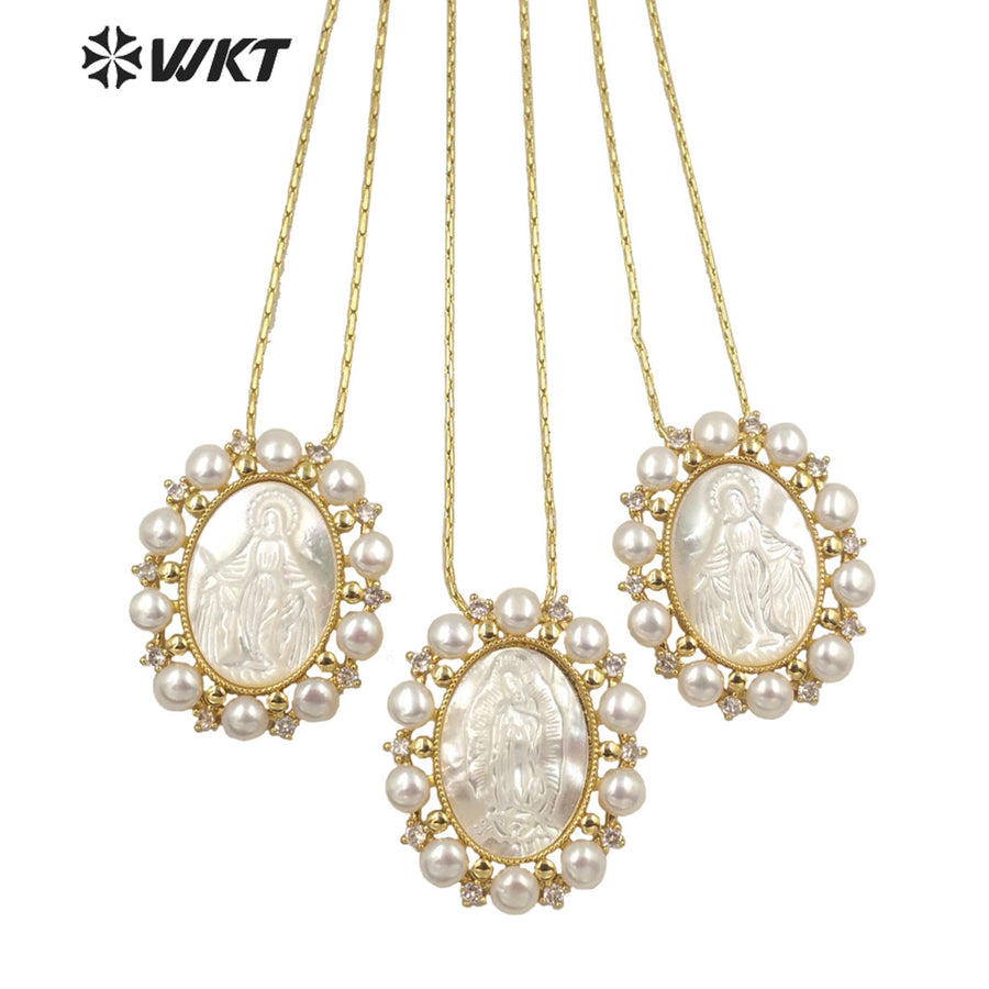 WT-JN164 WKT Wholesale Beautiful White Shell&pearl Nice Wedding Jewelry Necklace for Women Fashion Religious Mary Necklace