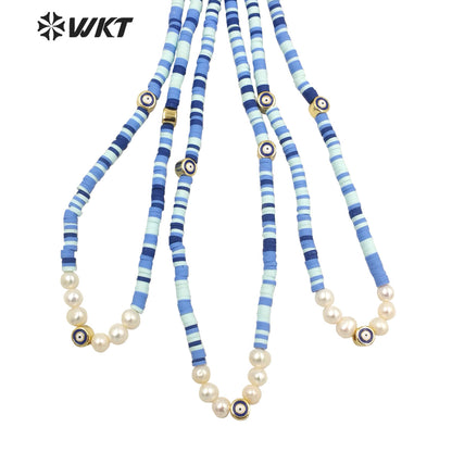 WT-JN200 Amazing Women 4mm Beads Blue Turkey Eye Necklace Bohemian Pearl Eye Chocker Resin Beads Necklace in 16 INCH