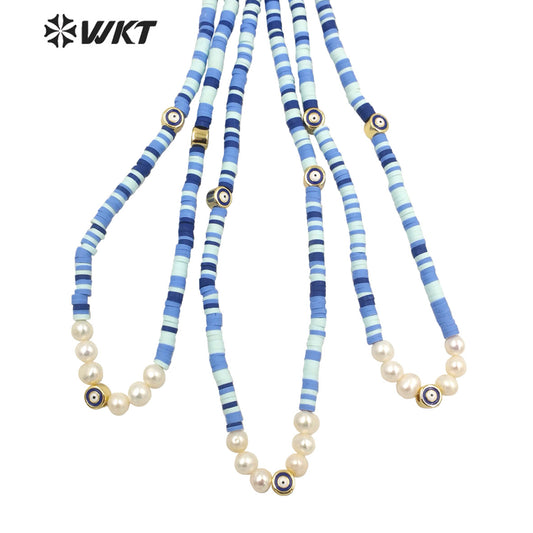 WT-JN200 Amazing Women 4mm Beads Blue Turkey Eye Necklace Bohemian Pearl Eye Chocker Resin Beads Necklace in 16 INCH