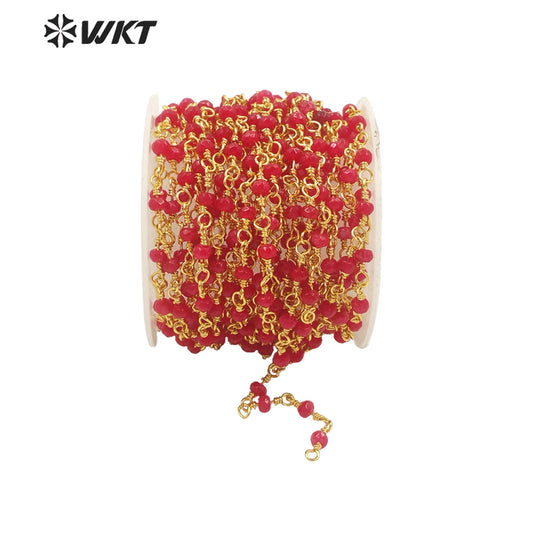 WT-RBC193 New Hot Color Fashion 18k Real Gold Plated Resist Tarnishable Red Jade Beads Chain Women Jewelry Finding Stone Chain
