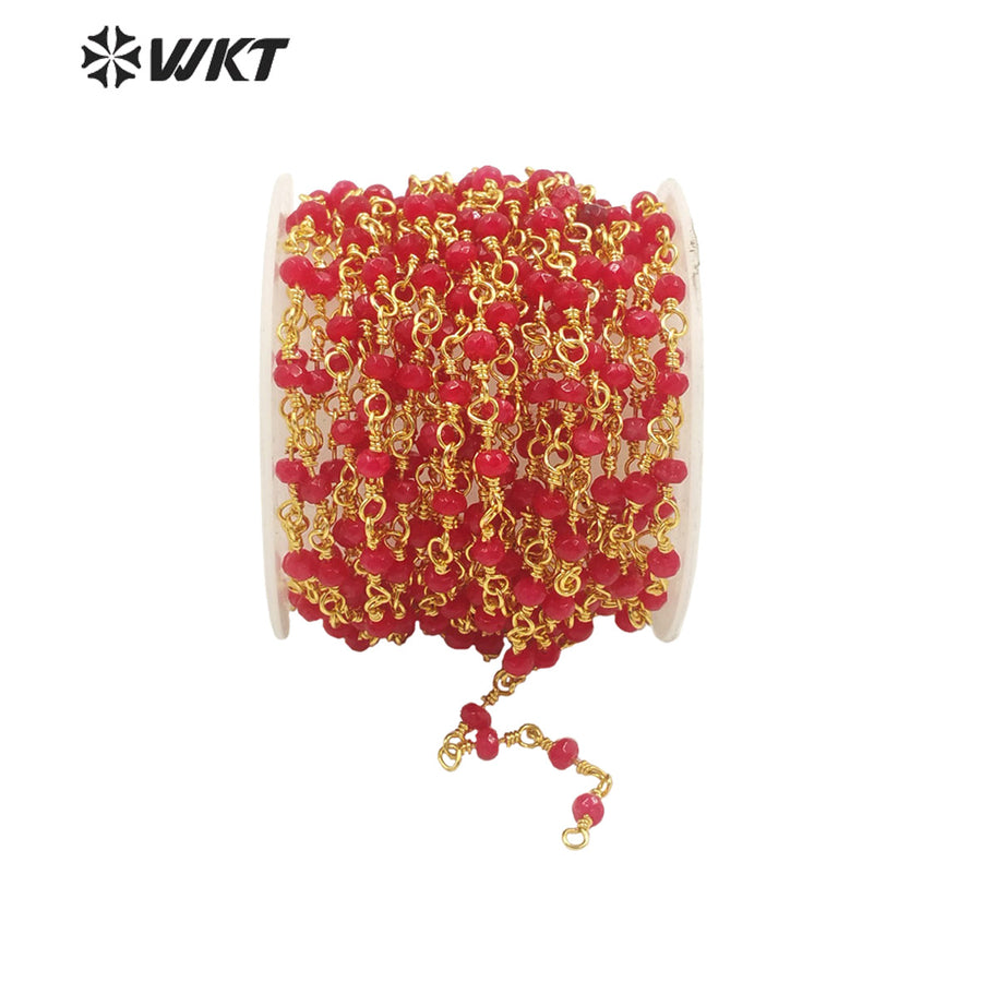 WT-RBC193 New Hot Color Fashion 18k Real Gold Plated Resist Tarnishable Red Jade Beads Chain Women Jewelry Finding Stone Chain