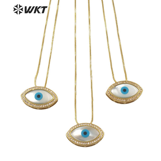 WT-MN971Amazing Gorgeous Fashion Gold Plated Horse Eye Shell Necklace Women Micropaved Cz Setting Eye Necklace