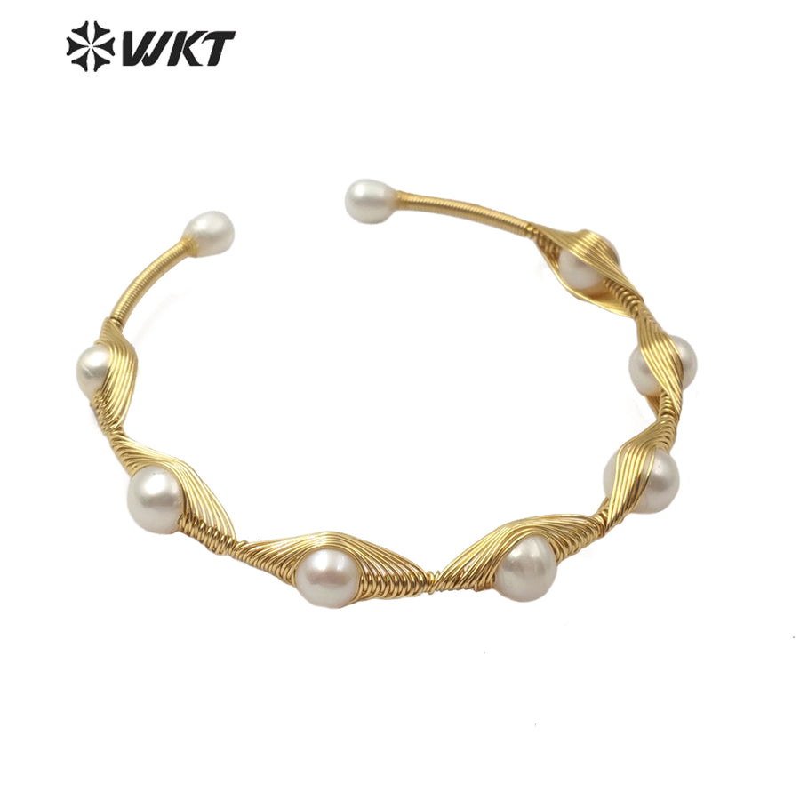 WT-B502 New Hot Sales Copper Wire Wrap Around Pearl Bangle Natural Pearl Bangle Women Fashion Charm Bracelet Bangle