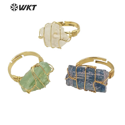 WT-R374 Wholesale Fashion Handmade Wire Wrapped Raw Stone Ring Women Gold Vintage Boho Blue Kyanite Fluorite Ring