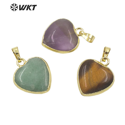 WT-P1700 Wholesale Lady Lovely Natural Gemstone Small Heart Pendant Gold Electroplated Rose Quartz 20mm Gold Stone Heart Charms