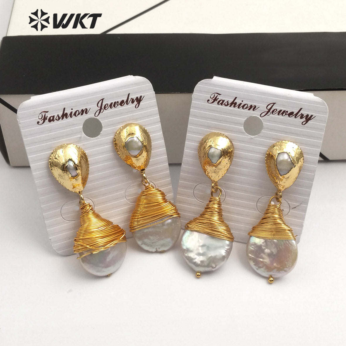 WT-E545 Natural Freshwater Pearl Earring Brass Wire Wrapped Pearl Earring Teardrop Shape Earring for Wedding Jewelry