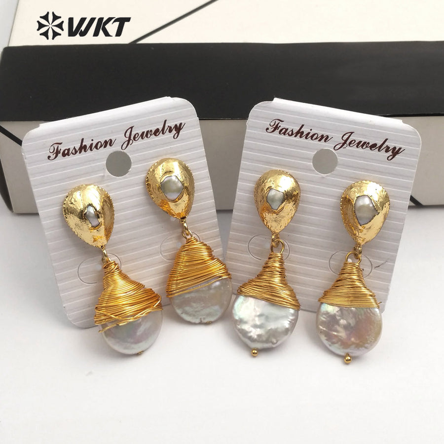 WT-E545 Natural Freshwater Pearl Earring Brass Wire Wrapped Pearl Earring Teardrop Shape Earring for Wedding Jewelry