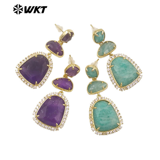 WT-ME109 Multi Color Can Be Choose Natural Amozonite Amethyst Zircon Paved Mid-Length Earrings for Women Banquet Party Decorated