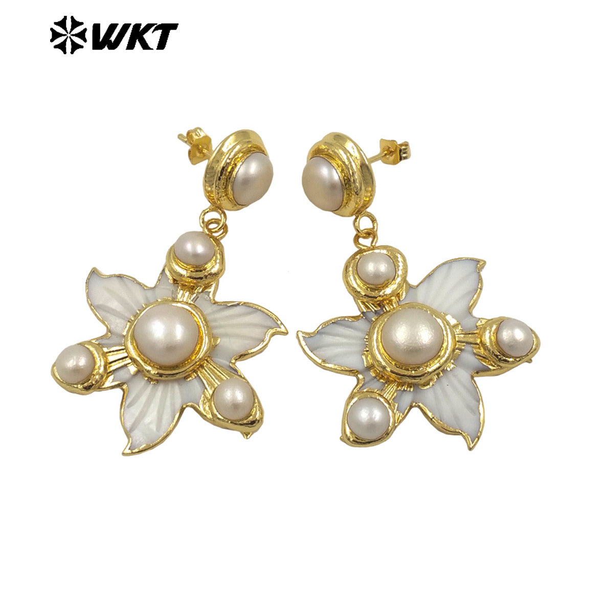 WT-MPE146 Popular Natural Round Pearl Handmade Carved Shell Flower Shape Earrings Elegant Style for Ladies Jewelry Gift