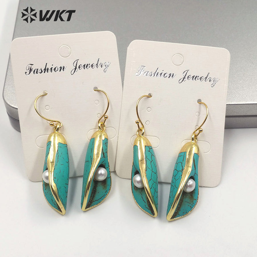 WT-E605 Fashion Natural Turquoise Earring With Pearl Charm Speaker Shape Flower Earring Turquoise Hoop Earrings