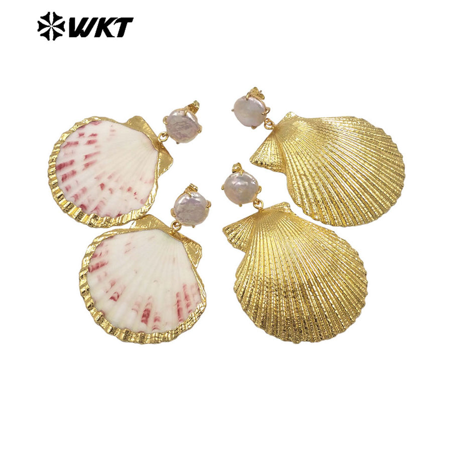 WT-MPE164 Popular Sales Ladies 18K Gold Natural Scallop Shell And Pearl Earrings For Summer Beach Vacation Jewelry Accessory