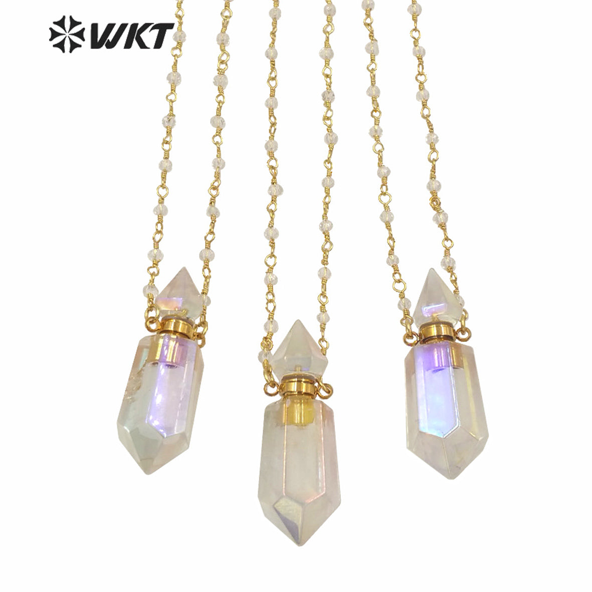 WT-N1233 Wholesale Women Double Point Aura Crystal Quartz Point Necklace Gold Plated Crystal Rosary Beads Spirit Bottle Necklace