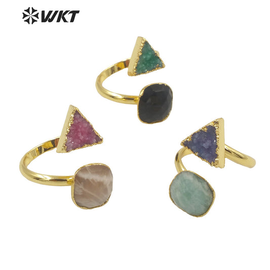 WT-R373 Gorgeous 18k Real Gold Plated Double Druzy Stone Ring Women 10mm Gemstone Gold Ring for Party Elegant Druzy Ring