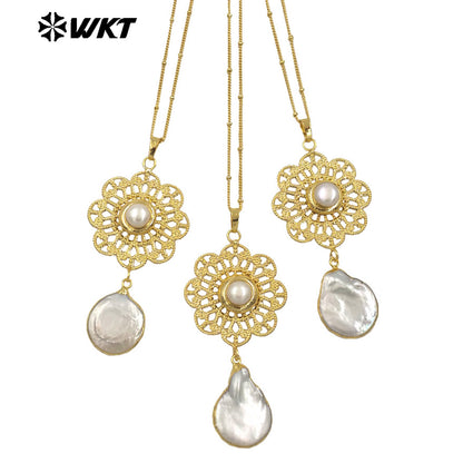 WT-JN269 Wholesale New Gorgeous 18K Real Gold Plated Natural Freshwater Pearl Pendant Necklace Anniversary Jewelry