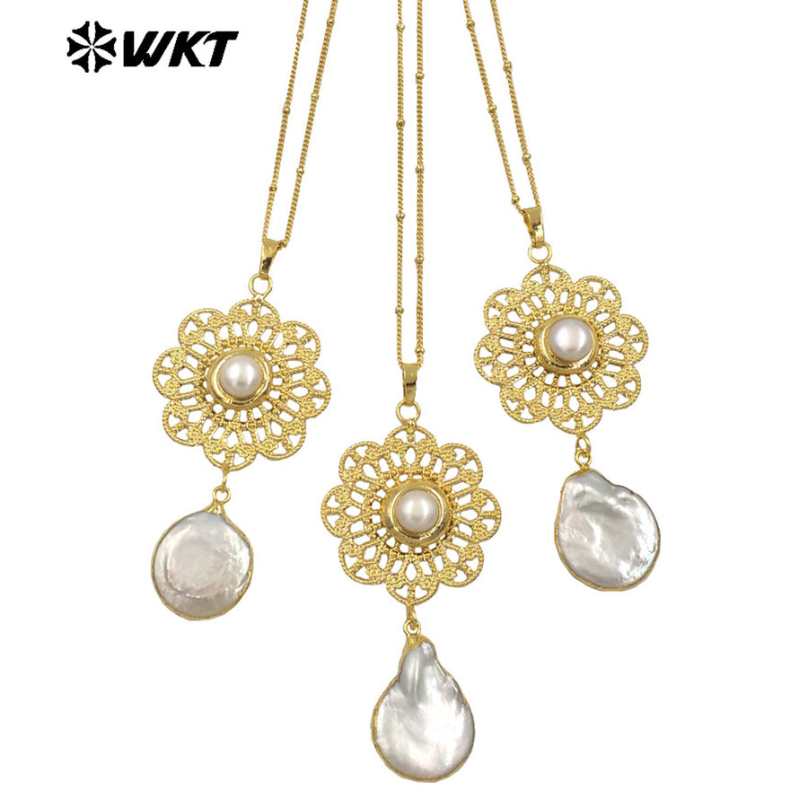 WT-JN269 Wholesale New Gorgeous 18K Real Gold Plated Natural Freshwater Pearl Pendant Necklace Anniversary Jewelry