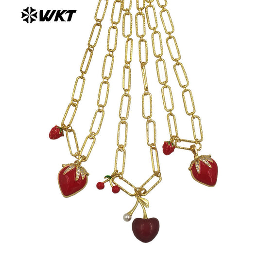 WT-JFN37 Romantic Fashion Fruits Necklace Double Charms Gold Plated Yellow Brass With Drop Oil As Girlfriend Jewelry Gift