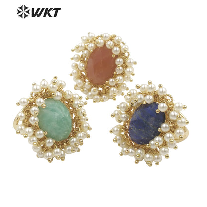 WT-MPR071 Gorgeous Trendy Fashion Natural Pearl and Gemstone Ring 18k Gold Plating for Women Lucky Unique Design Ring