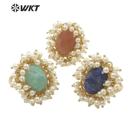 WT-MPR071 Gorgeous Trendy Fashion Natural Pearl and Gemstone Ring 18k Gold Plating for Women Lucky Unique Design Ring