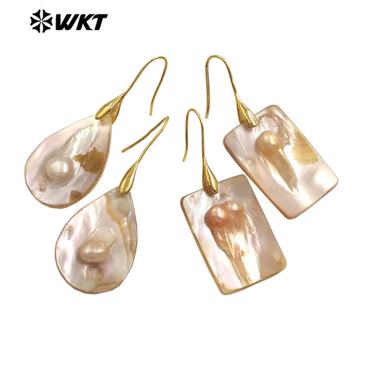 WT-MPE156 High Quality Mother Of Pearl Shell Women Earrings Waterdrop Square Round Shape Gold Color Elegant Style for Gift