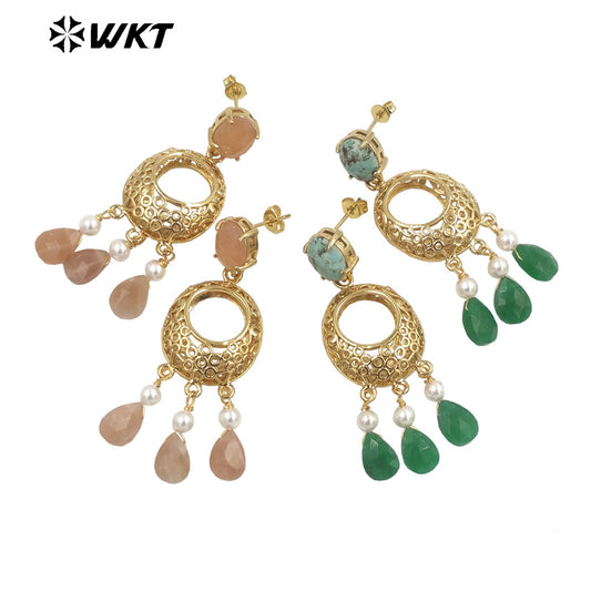 WT-E721 Amazing Excellent Tiny Drop Dangle Earrings Fashion Gold Plated Long Statement Drop Stone Earrings for Women Gift