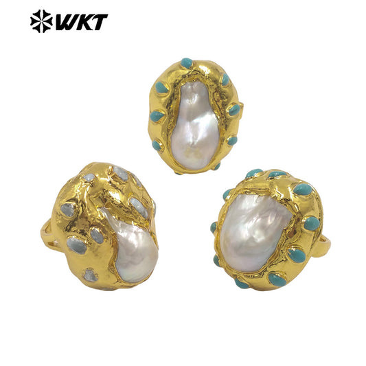 WT-MPR140 High Quality Luxury 18K Gold Plated Big Natural Baroque Pearl Rings For Ladies Elegant Wedding Jewelry Gift