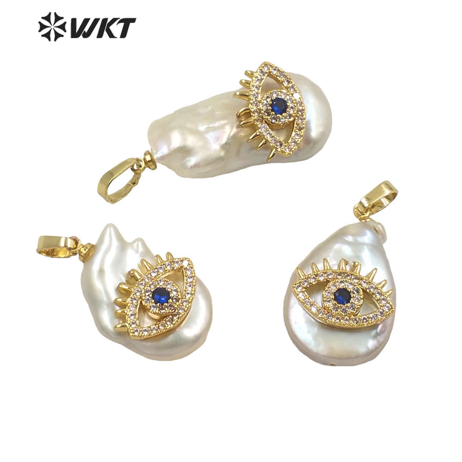 WT-JP259 New Design Popular Women Charming Micro Pave CZ Eye Pearl Pendants With Gold Hoop Fancy Girl Natural Real Pearl