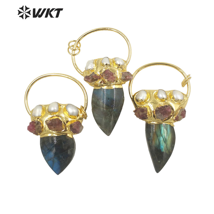 WT-P1894 Wholesale Fashion Gold Plated With Big Ring Stone Pendant Gorgeous Handmade Pearl Labradorite Horn Pendant Jewelry