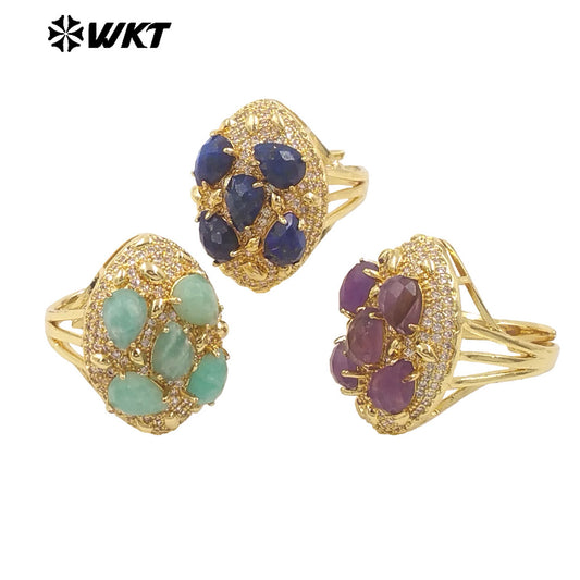 WT-R543 Wholesale Fashion Gold Plated Micropave Zircon Setting With Natural Faceted Gemstone Birthday Stone Ring for Women
