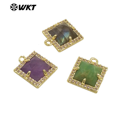 WT-P1994 Wholesale Jewelry Colorful Square Shape Gemstone Tiny Pendant With Zircon Paved Earring Fine Accessory Making
