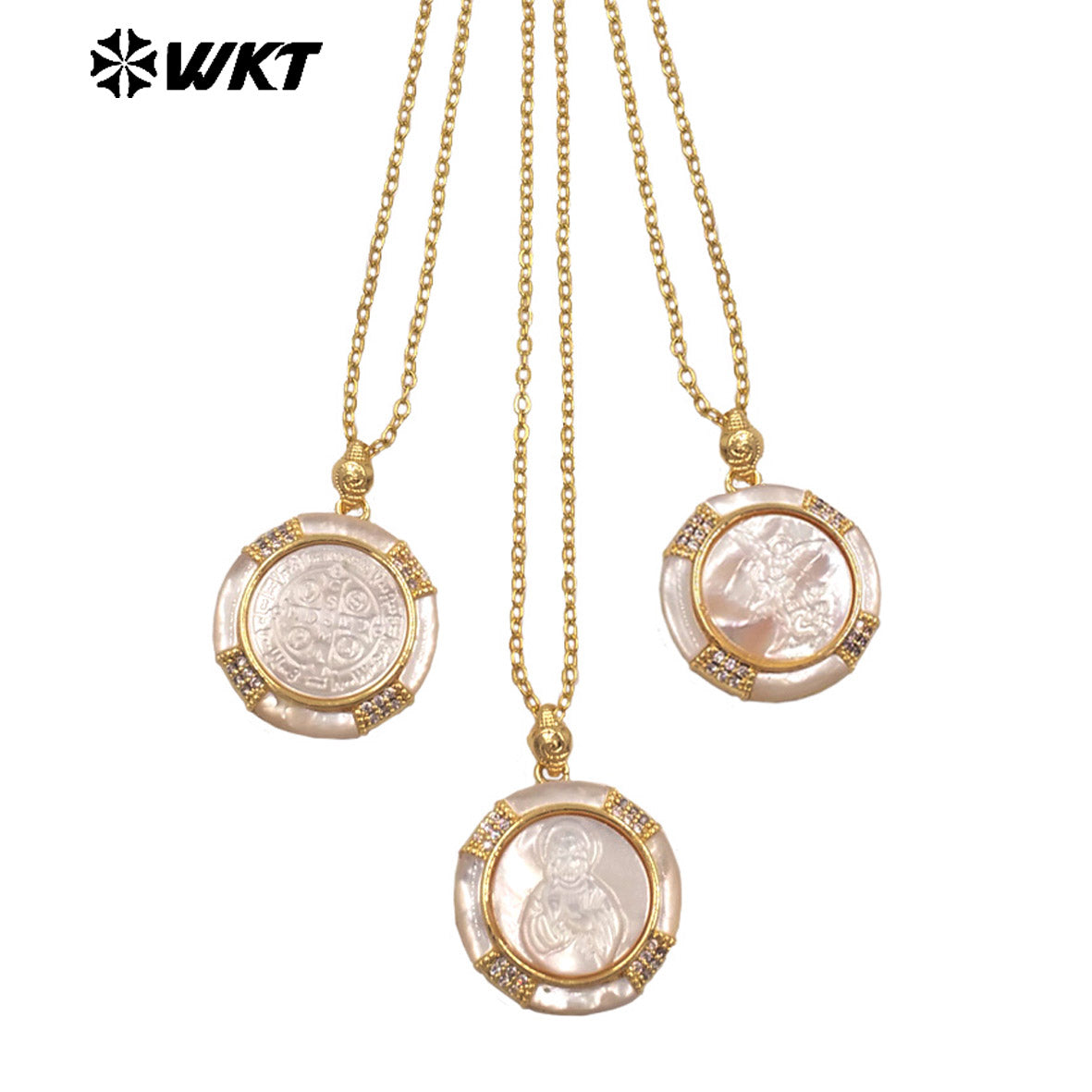 WT-JN364 Wholesale Gold Plated Natural Shell With Zircon Round Religious Style Pattern Pendant Necklace For Lady Jewelry
