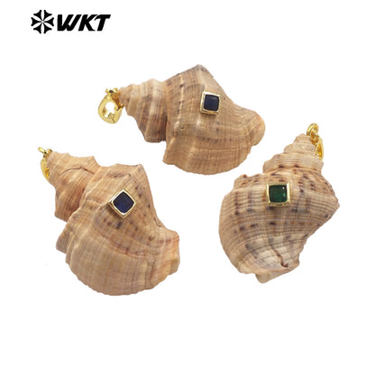WT-JP482 Good Quality Bohomia Style Square Shape Zircon And Natural Trumpet Shell Gold Pendant For Fashion Necklace DIY Design