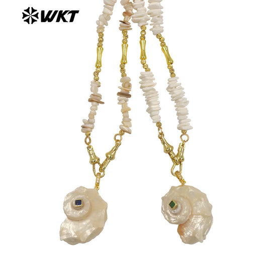 WT-JN378 Amazing Crushed Stone Splicing Brass Chain With Natural Trumpet Shell Pendant Necklace For Lady Vacation Style Jewelry