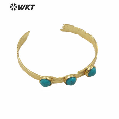 WT-B553 WKT Exclusive Design Triple Stone Bangle Women Gold Electroplated Adjustable Triple Turquoise Stone Cuff Bangle