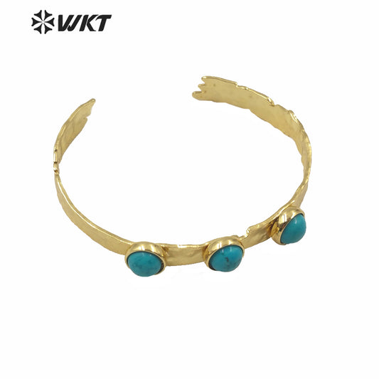 WT-B553 WKT Exclusive Design Triple Stone Bangle Women Gold Electroplated Adjustable Triple Turquoise Stone Cuff Bangle