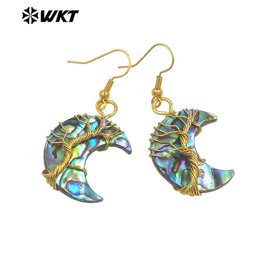 WT-MPE160 New Arrival Natural Abalone Shell Women Earrings in Water Drop Moon Shape Gold Plated Wrapping Wire Vintage Jewelry