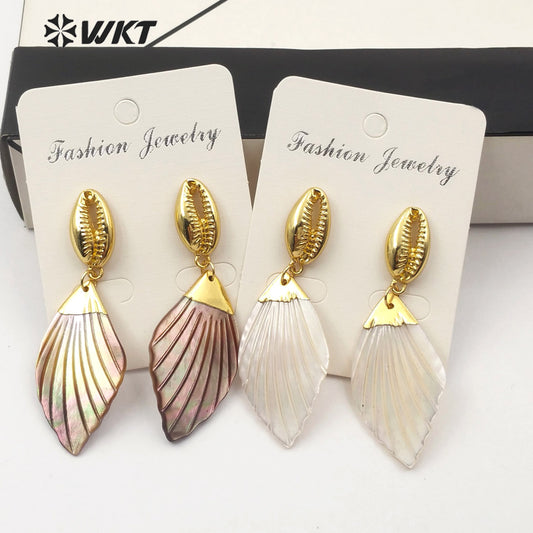 WT-E573 Wholesale Natural Shell and Cowrie Earring Gold Electroplated Leaf Shape Earrings Women Fashion Shell Earrings Jewelry