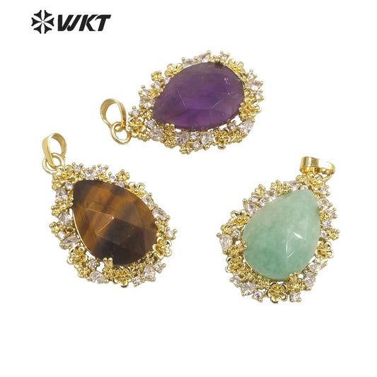WT-P1877 Wholesale Fashion Gold Water Drop Micropaved Cubic Zircon Setting Natural Stone Pendant for Necklace Earring Design