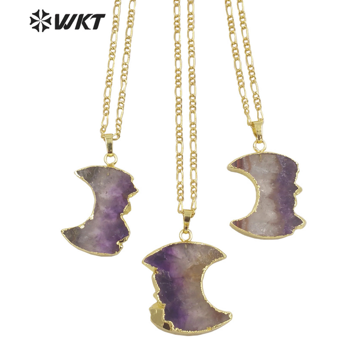 WT-N1316 Newest Fashion Gold Trim Half Moon Amethyst Stone Necklace Hot Slice Crescent Moon Pendant Necklace in Natural
