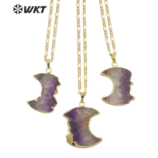 WT-N1316 Newest Fashion Gold Trim Half Moon Amethyst Stone Necklace Hot Slice Crescent Moon Pendant Necklace in Natural