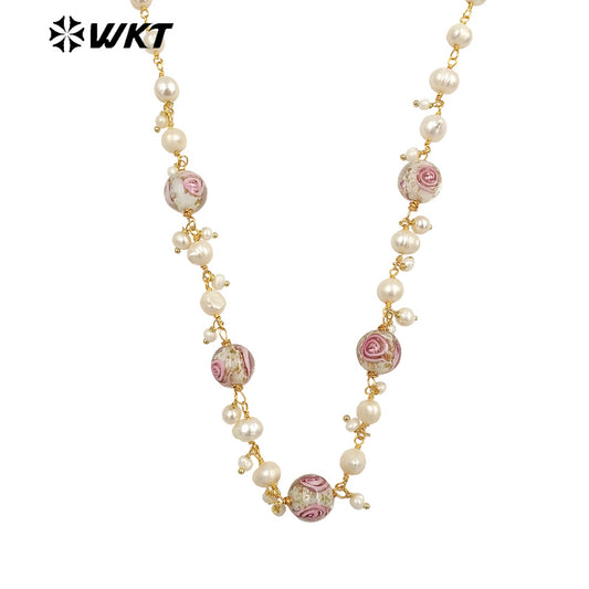 WT-JN239 Wholesale Fashion Pearl and Color Glaze Design 18k Chain Gold Plated Exquisite High Quality Scallop Pearl Necklace
