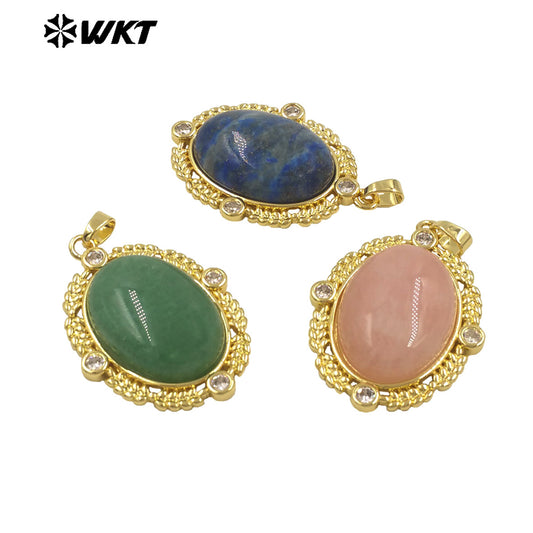 WT-P1985 Wholesale Fashion Gold Bezel Setting With Zircon Around Natural Oval Rose Quartz Stone Pendant for Necklace