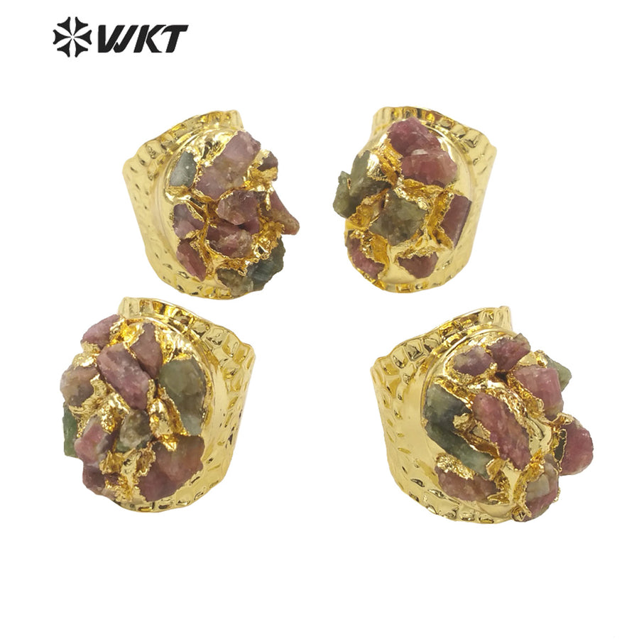 WT-R370 Amazing Bohemian Vintage Natural Tourmaline Raw Stone Ring Women Gold Electroplated Healing Lucky Birthday Jewelry Ring