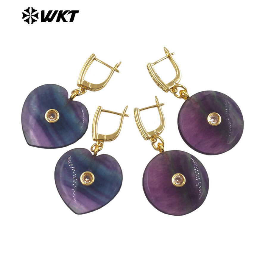 WT-E808 Lovely Gold Plated Natural Rainbow Fluorite Stone Heart Round Shape Earrings For Girlfriend Valentine's Day Gifts