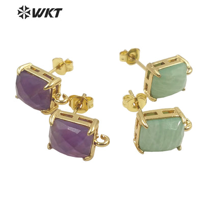 WT-E677 Newest Design Fashion Gold Plated Claw Setting Long square Gemstone Made Jewelry Findings Earrings Studs