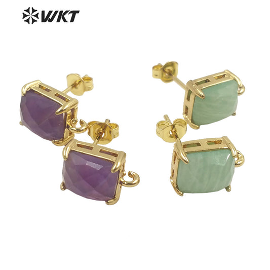 WT-E677 Newest Design Fashion Gold Plated Claw Setting Long square Gemstone Made Jewelry Findings Earrings Studs