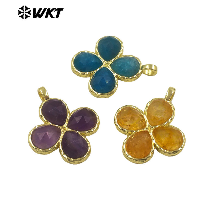 WT-P2090 Gorgeous 18K Gold Plated Multi Colors Natural Gemstone Little Flower Shape Charms Pendant As Lady Earring Accessory