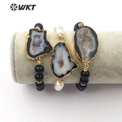 WT-B492 Wholesale Natural Gemstone Slices and Pearl Gold Electroplated Bracelet Women Fashion Charm Bracelet Jewelry