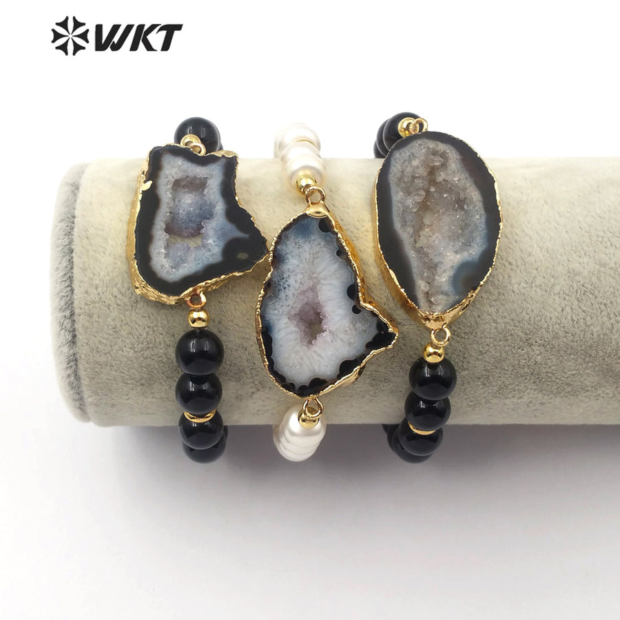 WT-B492 Wholesale Natural Gemstone Slices and Pearl Gold Electroplated Bracelet Women Fashion Charm Bracelet Jewelry
