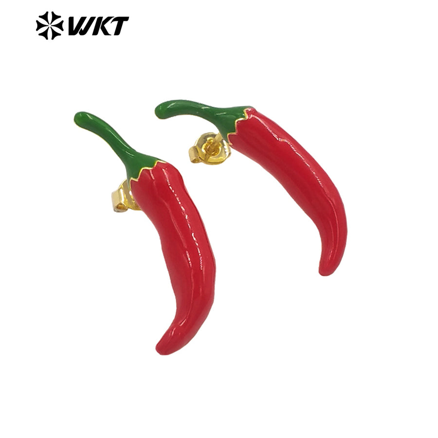 WT-ME123 Charming Hot Pepper Shape Gold Plated Women Earrings in Yellow Brass With Drop Oil High Quality Tiny Unique Jewelry