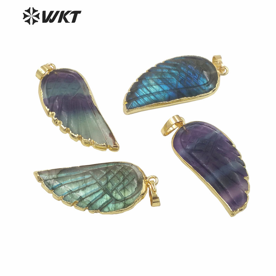WT-P1936 Wholesale Hot Sale Fashion Design Natural Rainbow Fluorite & Labradorite Wing Shaped Pendant